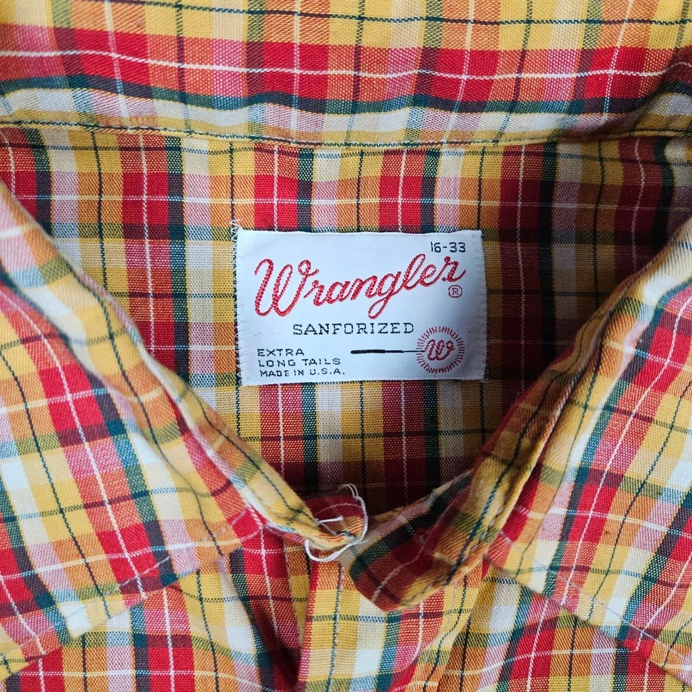 Vintage Wrangler Mens 16-33 Sanforized Plaid Western Pearl Snap Shirt Cowboy USA